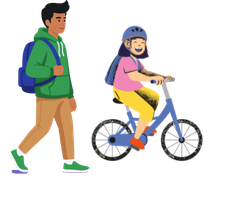 Un adolescent avec un sac à dos et une enfant à vélo, équipée d’un casque.