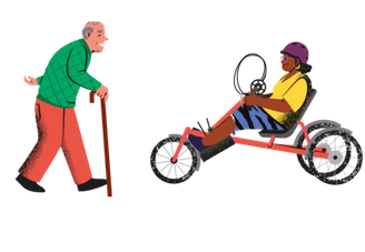 Une personne âgée marchant avec une canne et une personne se déplaçant en vélo couché adapté.
