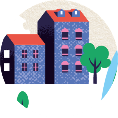 Des immeubles d’habitation d’un quartier, entourés d’arbres.