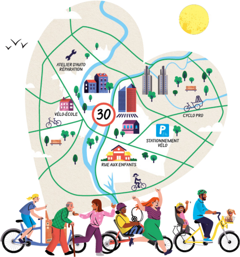 Illustration en forme de cœur d'une ville avec vélo-école, atelier d'auto-réparation, cyclo pro, stationnement vélo, rue aux enfants, zone 30, et personnes marchant, en fauteuil roulant, en tricycle, à vélo cargo et à vélo classique